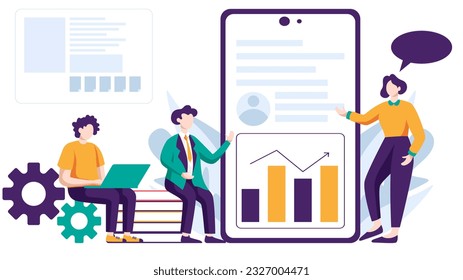 Business flat design related to meeting, presentation, brainstorming, discussion, and marketing strategy illustration concept with geometric elements on white background.