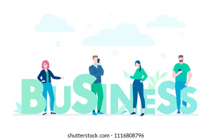 Business - flat design style colorful illustration on white background. A composition with standing managers working, talking on the phone, heading with capital letters. Startup, teamwork concept