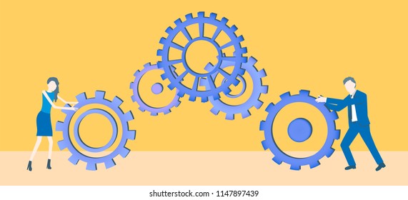 Business flat design teamwork vector with two colleagues rolling cogwheels.