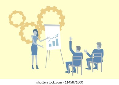 Business flat design vector with a businesswoman showing her colleagues teamwork and growth strategies on a flipchart.