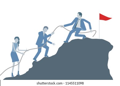 Business flat design vector with a leader helping colleagues to climb on top of a mountain.