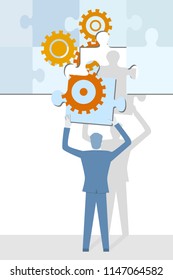 Business flat design vector with a man completing a big jigsaw puzzle with cogwheels.