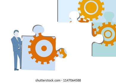 Business flat design vector with a man completing a big jigsaw puzzle with cogwheels.