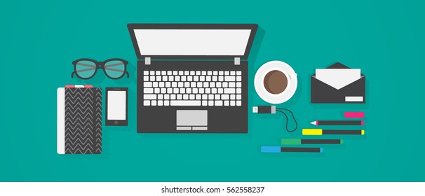 Business Flat design. Workplace desk. Vector illustration. Copy space.