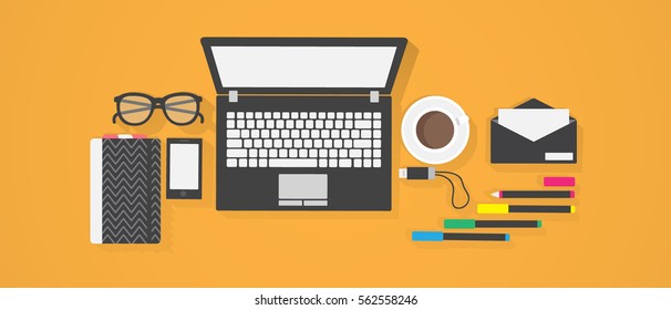 Business Flat design. Workplace desk. Vector illustration. Copy space.