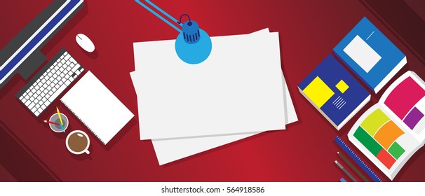Business Flat design. Workplace desk. Vector illustration. Copy space.