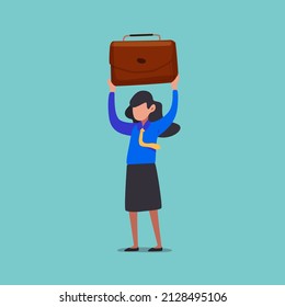 Business flat drawing active businesswoman lifting up briefcase. Female manager raising up suitcase. Concept of winning, happy, reaching goal, rejoices, achieved success. Cartoon vector illustration
