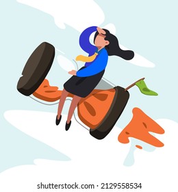 Business flat drawing active businesswoman riding rocket hourglass flying through sky. Business time management and deadline concept. Success, champion, victory, sandglass. Cartoon vector illustration