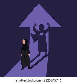 Business flat drawing Arab businesswoman with shadow superhero behind her. Super manager leader in business metaphor. Success, quality of leadership, trust worker. Cartoon graphic vector illustration