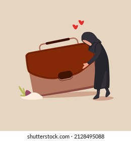 Business flat drawing Arab businesswoman hugs briefcase with money, bonus at work. New position and salary. First paycheck. Happy worker. Successful business pleasure goal. Cartoon vector illustration