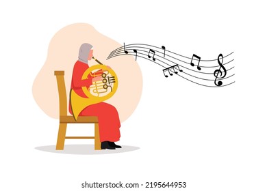 Business flat drawing Arab female musician performing classic melody on French horn. Instrumentalist playing music on brass instrument. Woman with trumpet. Cartoon character design vector illustration