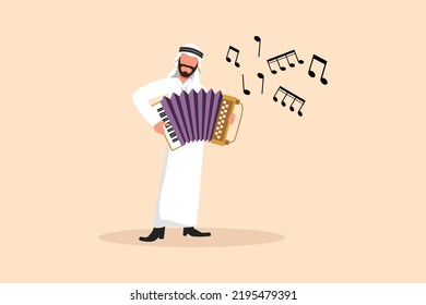 Business Wohnung zeichnen arabischen Mann Musiker Charakter spielen Akkordeon. Männlicher Darsteller spielt akustische Musikinstrumente. Akkordeonist spielt Musikinstrument. Cartoon-Design, Vektorgrafik