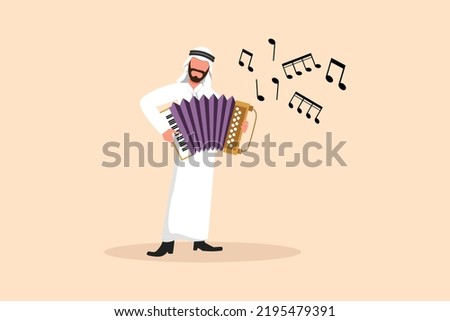 Business flat drawing Arab man musician character playing accordion. Male performer plays acoustic musical instrument. Accordionist perform playing music instrument. Cartoon design vector illustration
