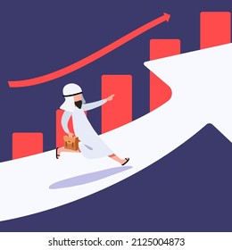 Business flat drawing Arabian businessman running on arrow up go to the success, graph. Business vision. Investment profit and earning, stock market growth or fund. Cartoon graphic vector illustration