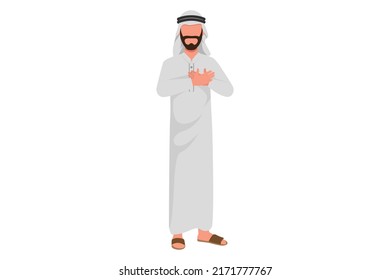 Business flat drawing Arabian businessman with pleased expression keeps hands on chest, impressed by good words of gratitude. Man expresses love, thankful feelings. Cartoon design vector illustration