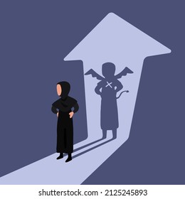 Business flat drawing Arabian businesswoman standing with demon shadow wall behind her. Bad business manager. Worker with her own evil shadow. Business metaphor. Cartoon graphic vector illustration