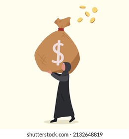 Business flat drawing Arabian businesswoman lifting sack of money payday. Female manager holding large bag full of money. Worker carrying big heavy sack full of cash money. Cartoon vector illustration