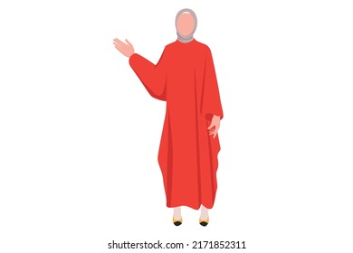Business flat drawing Arabian businesswoman points with her hand to present something. Confident female manager presentation, demonstrating, introducing something. Cartoon design vector illustration