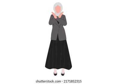 Business flat drawing Arabian businesswoman with crossing arms and saying no gesture. Female manager making X shape, stop sign with hands and negative expression. Cartoon design vector illustration