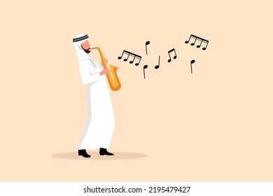 Business flach zeichnen arabischen Saxophonisten Charakter. Jazz oder Blues-Musiker, Mann, der Saxophon spielt. Männlicher Darsteller in Festivaljazzmusik, Jazzband-Performances. Cartoon-Design, Vektorgrafik