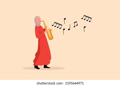 Business flat drawing Arabian saxophonist character. Jazz or blues musician, woman plays saxophone. Female performer in festival jazz music, jazz band performance. Cartoon design vector illustration