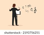 Business flat drawing back view woman conductor performing on stage, female musician in tuxedo directing classic instrumental symphony orchestra. Cartoon character graphic design vector illustration
