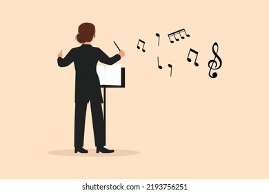 Business flat drawing back view woman conductor performing on stage, female musician in tuxedo directing classic instrumental symphony orchestra. Cartoon character graphic design vector illustration