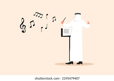 Business flat drawing back view of Arabian man conductor standing and performing on stage. Male musician directing classic instrumental symphony orchestra. Cartoon character design vector illustration