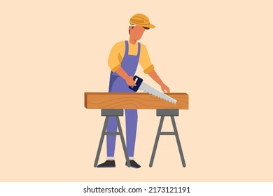 Business flat drawing builder or carpenter repairman sawing boards. Building, construction and repair work services. Real estate, housing. Business timber concept. Cartoon design vector illustration