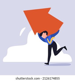 Business flat drawing businessman carrying heavy arrows. Motivated male manager carry huge arrow face up on back reach financial stability and goal achievement. Cartoon graphic vector illustration