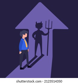 Business flat drawing businessman with devil of shadow. Young evil worker facing his devil shadow on the wall. Bad character businessman. Success and inconsiderateness. Cartoon vector illustration