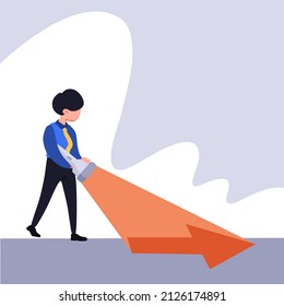 Business Flat Drawing Businessman With Flashlight Uncovering Hidden Arrow Sign. Searching Direction Clue. Uncovering Direction. Idea Of Discovering Hidden Success. Cartoon Graphic Vector Illustration