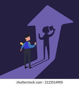 Business flat drawing businessman holding winning trophy shadow and arrow pointing up. Man facing lifting trophy shadow. Decision making and choices success in future goal. Cartoon vector illustration