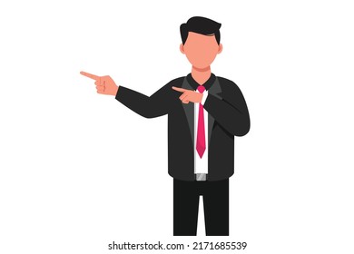 Business flat drawing businessman pointing away hands together, showing or presenting something while standing and smiling. Office worker present financial report. Cartoon design vector illustration