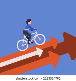Business flat drawing businessman riding bicycle on arrow. Worker riding bike on rising arrow. Business metaphor. Successful, businessman go up at bicycle. Chart go up. Cartoon vector illustration