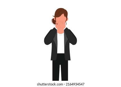 Business flat drawing businesswoman covering mouth with hands. Female mouth, hand shocked with shame for mistake, expression of fear, scared in silence, secret. Cartoon design vector illustration