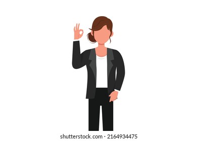 Business flat drawing businesswoman in formal blazer gesturing ok sign. Okay sign, gesture language. Smiling female manager standing showing ok sign with fingers. Cartoon design vector illustration