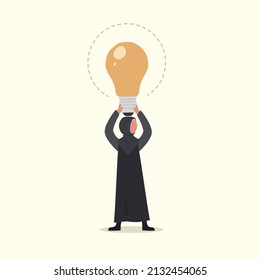 Business flat drawing creative Arab businesswoman lifting big lightbulb over head. Metaphor for new business ideas and entrepreneurship. Creativity, insights, inspiration. Cartoon vector illustration