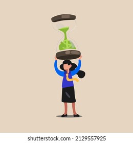 Business flat drawing cute businesswoman lifting weights in form giant hourglass  Female manager hold sandglass over her head  Business time management  Success  champion  Cartoon vector illustration