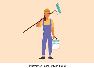 Business flat drawing cute handywoman or painter standing with bucket and paint roller. Professional repairwoman in overalls working on apartment or home renovation. Cartoon design vector illustration