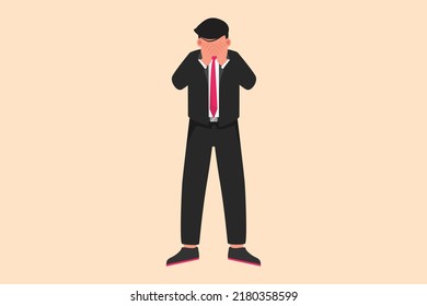 Business flat drawing depressed businessman cover his face by hands and crying. Depression disorder, sad, sorrow, disappointment. Psychological therapy treatment. Cartoon design vector illustration