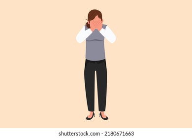 Business flat drawing depressed businesswoman cover her face by hands and crying. Depression disorder, sad, sorrow, disappointment. Psychological therapy treatment. Cartoon design vector illustration