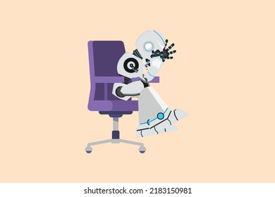 Business flat drawing depressed robot holding his head sitting alone on the chair. Regret on business mistake. Humanoid robot cybernetic. Future robotic development. Cartoon design vector illustration