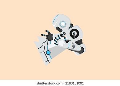 Robot plano de negocios deprimido sentado en el suelo desesperado, sufre emoción tristeza estrés melancólico en la oficina. Robot humanoide moderno organismo cibernético. Ilustración vectorial de diseño de dibujos animados