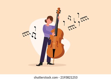 Business flat drawing double bass player standing with big string instrument. Woman musician playing classical music with fingers. Professional contrabassist. Cartoon style design vector illustration