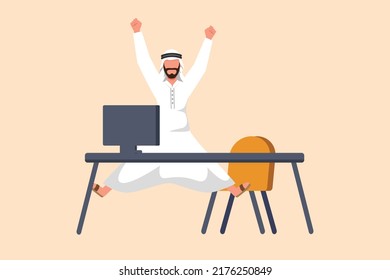 Business flat drawing happy Arab businessman jumping with raised hands near desk workplace. Manager celebrating success of increasing company goals or product sales. Cartoon design vector illustration