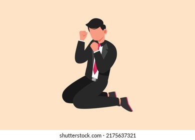 Business flat drawing happy businessman kneeling with gesture of both hands yes. Salesman celebrates salary increase benefits from company. Success business target. Cartoon design vector illustration