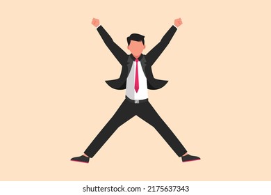 Business flat drawing happy businessman jumping with spread his arms and legs. Office worker celebrate success company project. Joyful manager achieve goal target. Cartoon design vector illustration