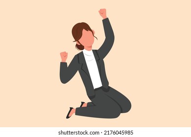 Business flat drawing happy businesswoman kneeling with raised one hand high and raised other. Female manager celebrating success business project or achievement. Cartoon design vector illustration