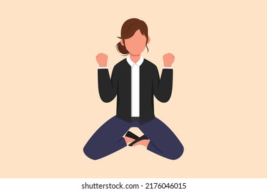 Business flat drawing happy businesswoman kneeling with both hands and yes gesture. Manager celebrating success of increasing company achievement target and goals. Cartoon design vector illustration